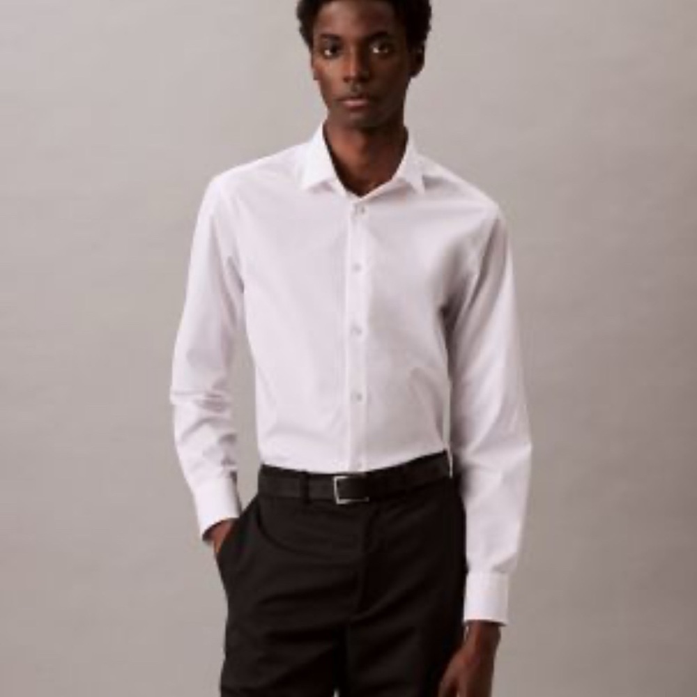 Calvin Klein Men’s White Refined Cotton Stretch Slim Fit Dress Shirt - Picture 1 of 14